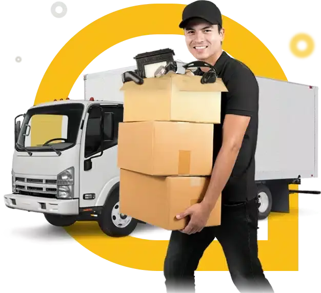 Illustration : un porteur charge des cartons dans un camion d’enlèvement