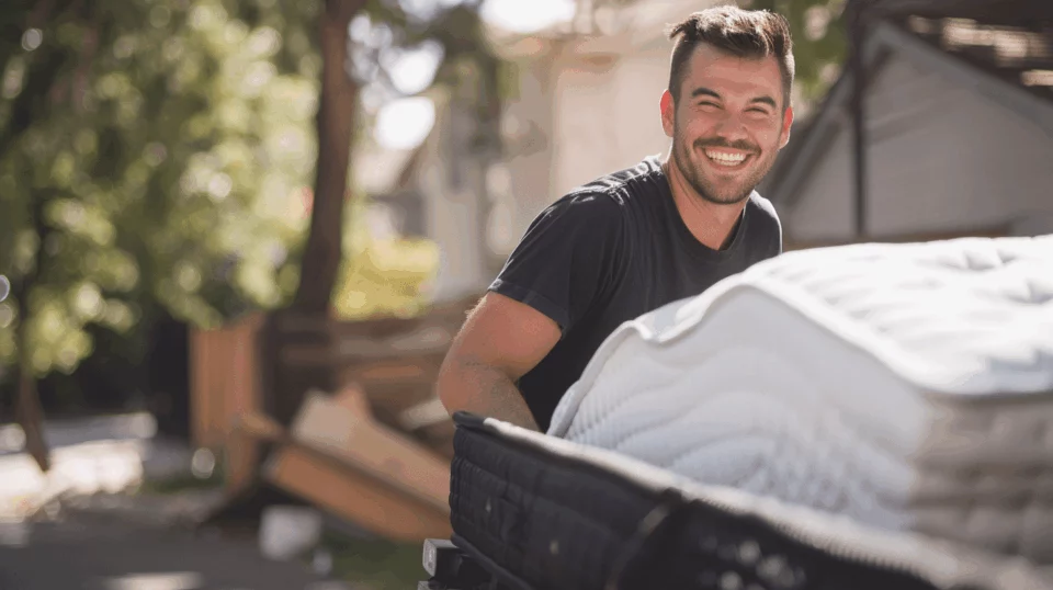 Un matelas porté à bras vers le véhicule d’enlèvement